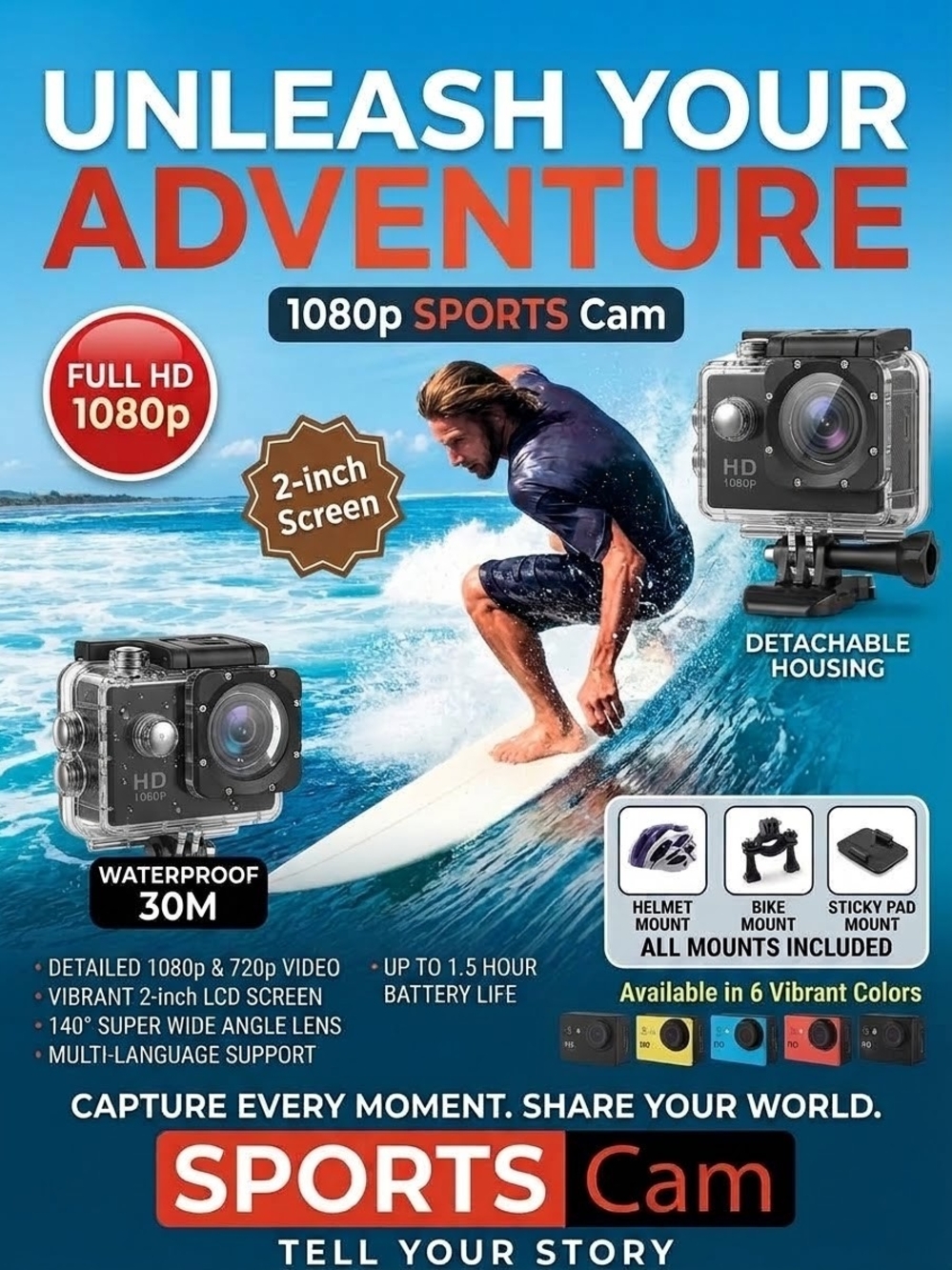 1080p Full HD Sports Action Camera Waterproof 30M 2" LCD Wide Angle - Brand New